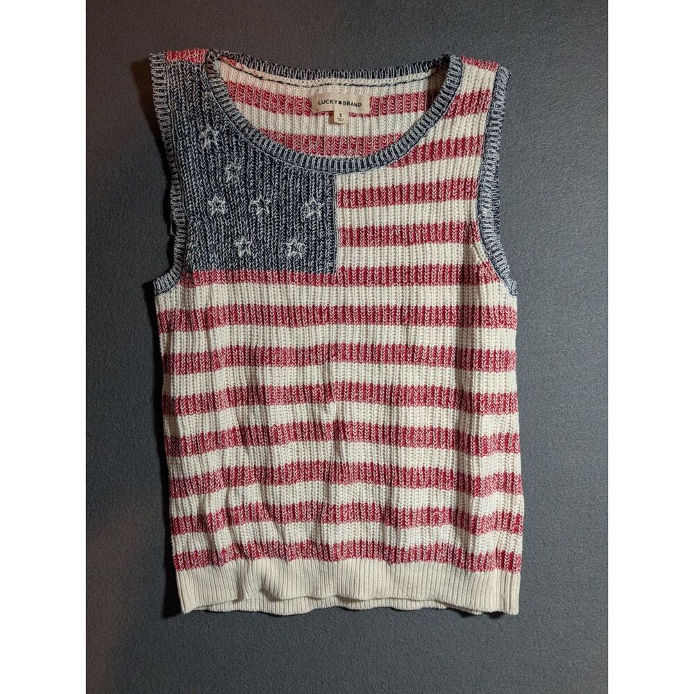 Lucky Brand Womens Small American Flag Knit Sweater Vest Red White Blue American
